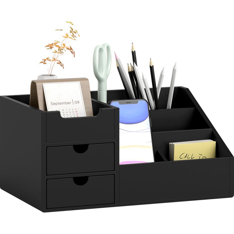 Kompakter Schreibtisch-organizer – 7 Fächer, 2 Schubladen, Bambus – Schwarz.