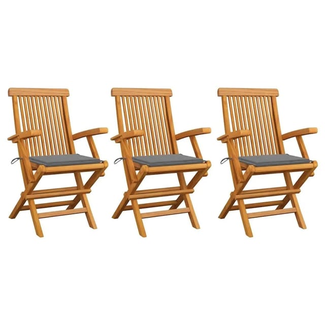 vidaXL Gartenstühle mit Grauen Kissen 3 Stk Massivholz Teak 3062515