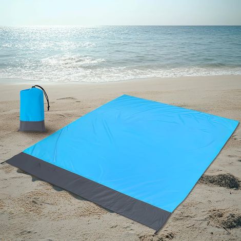 Extra Große Stranddecke, Wasserdicht, Sandabweisend, Picknickdecke Mit Taschen, Campingtasche, Alles Nötige Für Den Poolbereich Mit Der Familie, 210 X 200 Cm, Blau Und Grau
