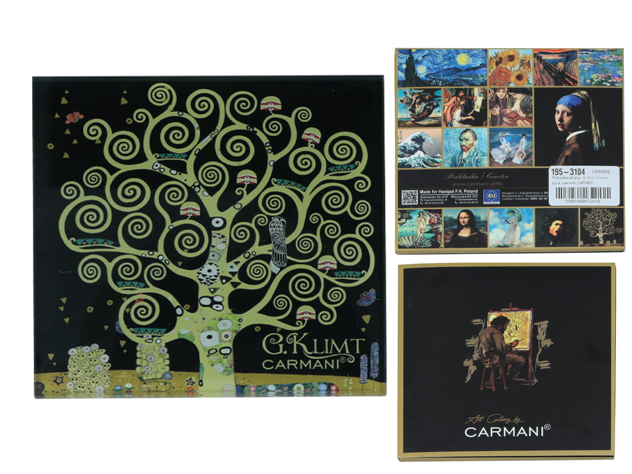Carmani, Glasuntersetzer Ca. 11,5 X 11,5 Cm – Gustav Klimt/lebensbaum, Schwarzer Hintergrund