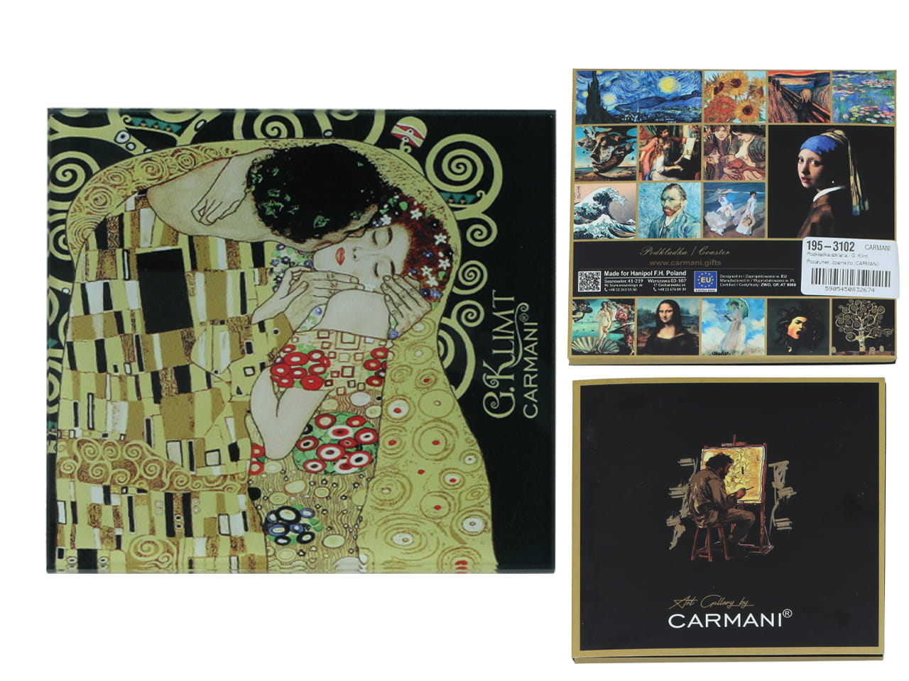 Carmani, Glasuntersetzer Ca. 11,5 X 11,5 Cm – Gustav Klimt/der Kuss, Schwarzer Hintergrund