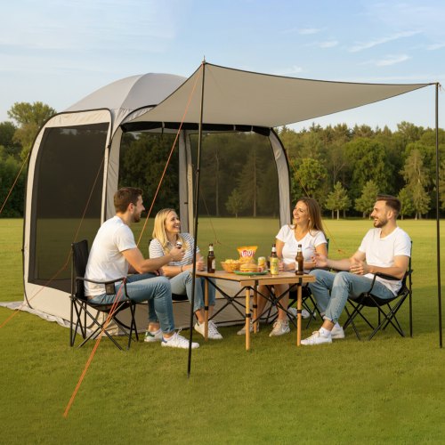 Campingzelt, 182,88x182,88x219,4 Cm, Pop-up-zelt Mit Ausziehbarer Markise, Tragbares Partyzelt Für 4-6 Personen, Inkl. Tragetasche & Seitenwänden, Für Terrasse & Outdoor-aktivitäten, Beige