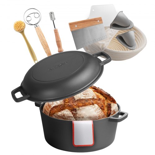 Dutch Oven Aus Gusseisen, 2 In 1 Schmortopf Mit Bratpfannendeckel, 4,73 L Robustes Kochgeschirr Mit Gärkorb & Brotbackzubehör, Brotbackofen-kompatibel 260 ℃ Brottopf