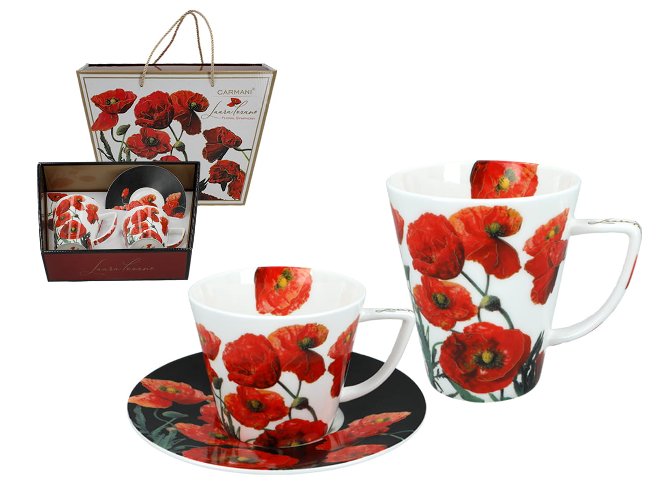 Carmani, Set Für Zwei Personen: Tasse + Becher – Rote Mohnblumen