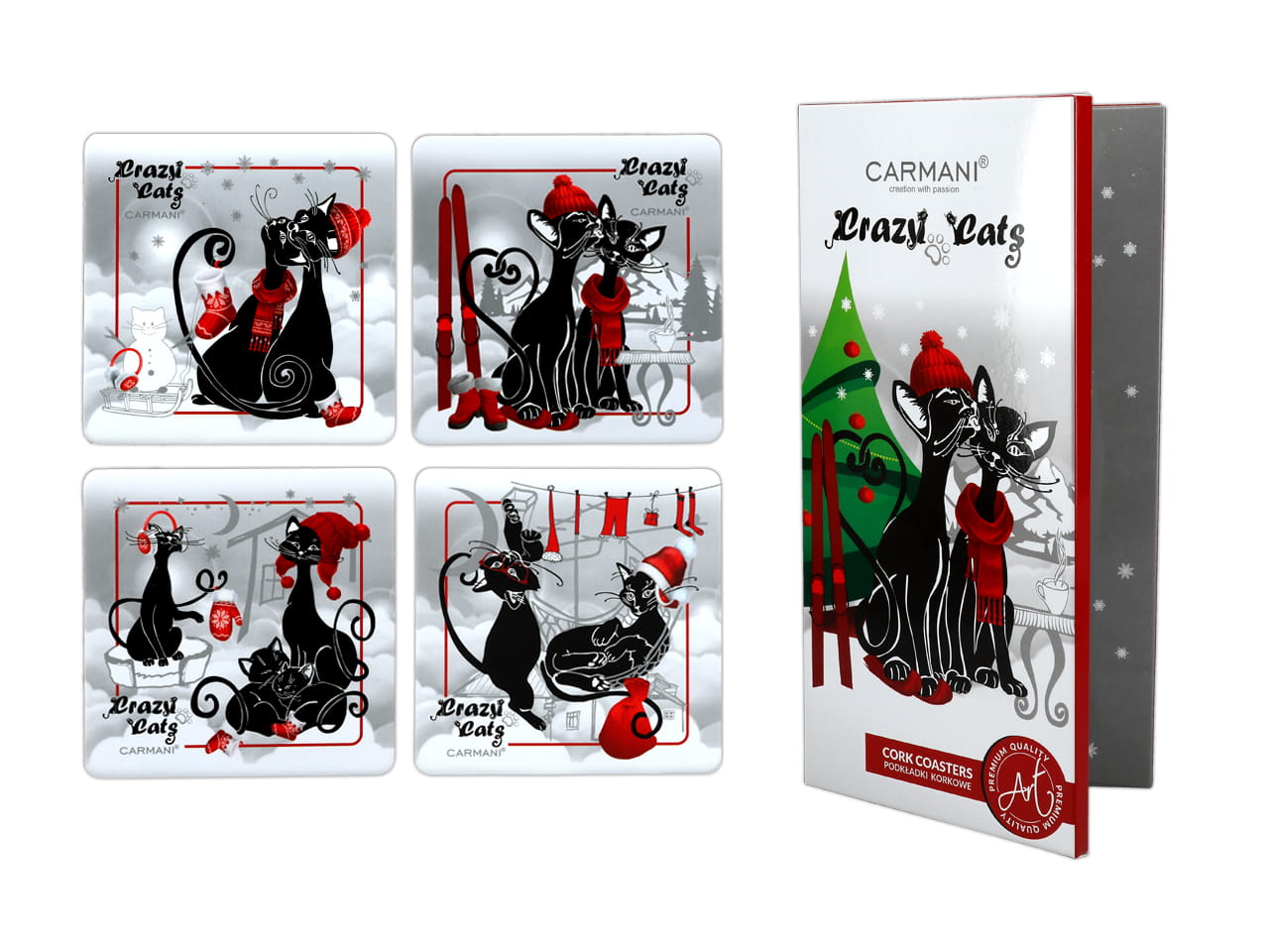 Set Mit 4 Korkuntersetzern – Katzenwelt, Weihnachtskatzen (carmani)