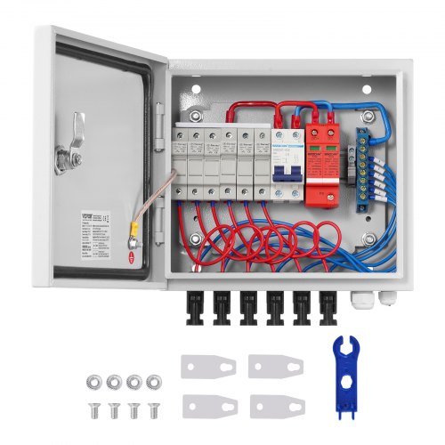 Pv-combiner-box, 6-string, Solar-combiner-box Mit 15 A Nennstromsicherung, 125 A Leistungsschalter, Blitzableiter Und Solaranschluss, Stahlgehäuse Für On-/off-grid-solarpanelsystem, Ip65