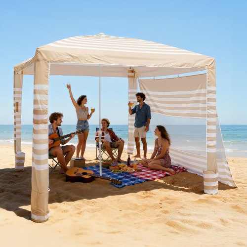 Strand-cabana, 2,4 X 2,4 M Strandüberdachung Mit Seitenwand, Upf 50+ Sonnenschutz, Cabana Mit Sandsäcken, Höhenverstellbarer & Tragbarer Sonnenschutz Für Die Ganze Familie Und Freunde