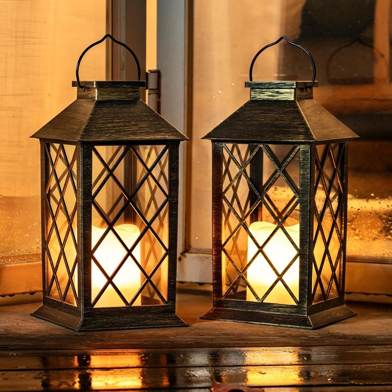 Homemory Set Mit 2 Wasserdichten Solar-hängelaternen Für Den Außenbereich Mit Flammenlosen, Flackernden Kerzen, Dekorative Laternen Für Terrasse, Veranda, Garten, Balkon, Hütte (bronze)