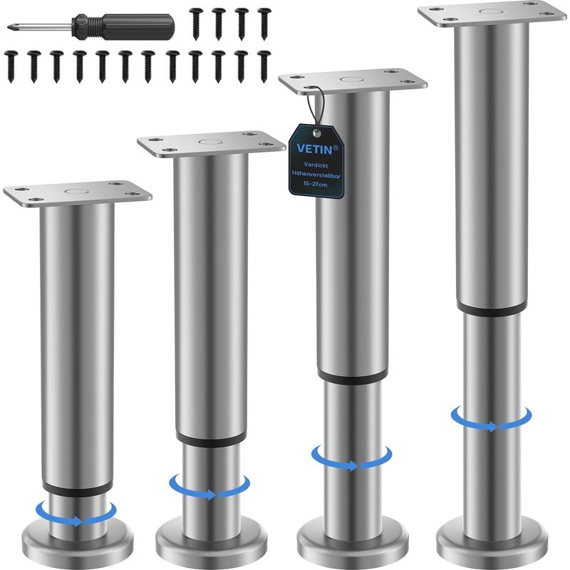 Vetin Set Mit 4 Höhenverstellbaren Möbelfüßen (18-32 Cm) - Edelstahl - Für Schränke, Tv-ständer, Betten, Sofas, Nachttische, Schreibtischstühle, Badezimmerschränke