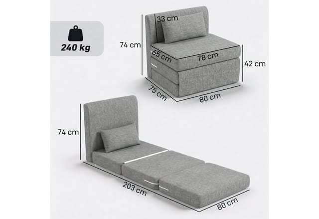 HOMCOM Bodensessel 2-in-1 Klappbar Schlafsofa mit Leinenoptik Grau