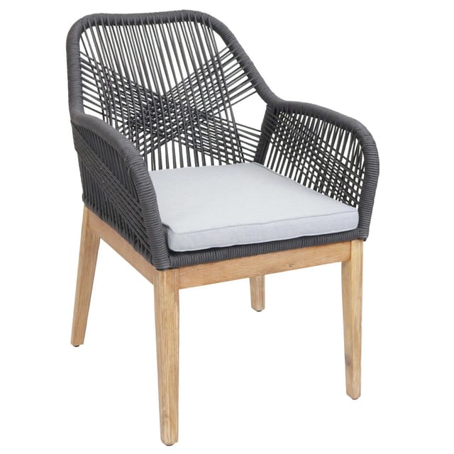 Proregal Gartenstuhl HxBxT 85x58x59 cm Sitzhöhe 47cm Wetterfest Seilgeflecht Rope Holz Akazie Dunkelgrau Kissen Hellgrau Sessel Outdoor Stuhl
