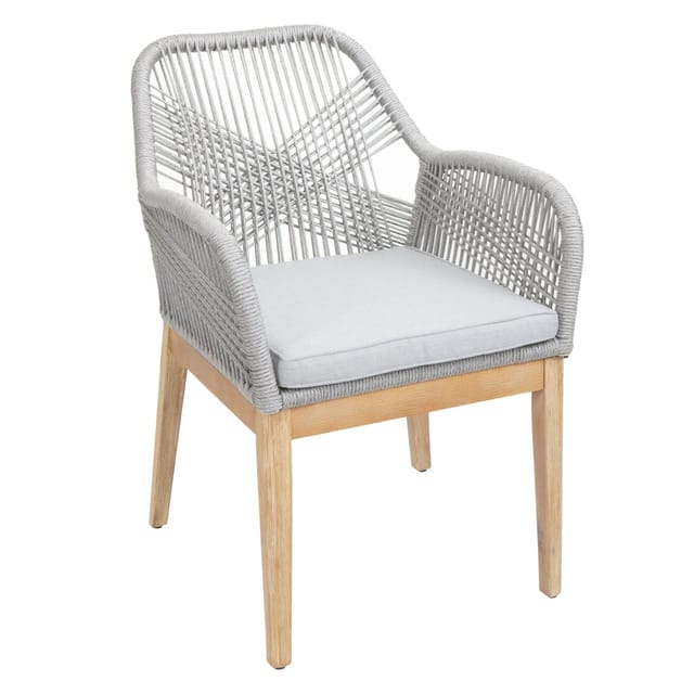 Proregal Gartenstuhl HxBxT 85x58x59 cm Sitzhöhe 47cm Wetterfest Seilgeflecht Rope Holz Akazie Hellgrau Kissen Hellgrau Sessel Outdoor Stuhl