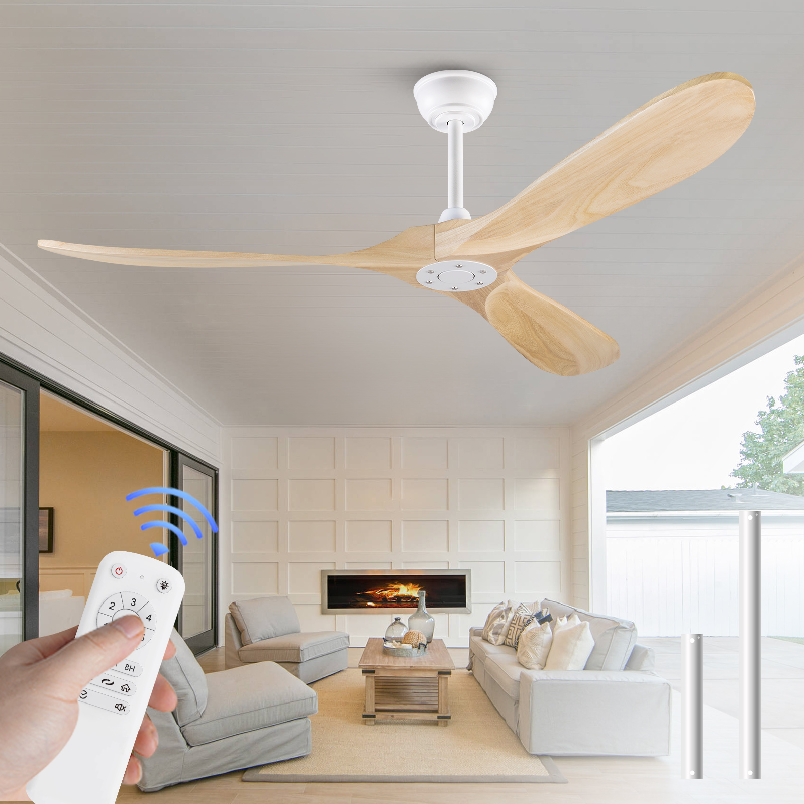 Deckenventilator Ohne Licht 152 Cm, 6 Stufen Mit Fernbedienung, Metall Und Holz, Mid-century Design, Weiß Und Natur