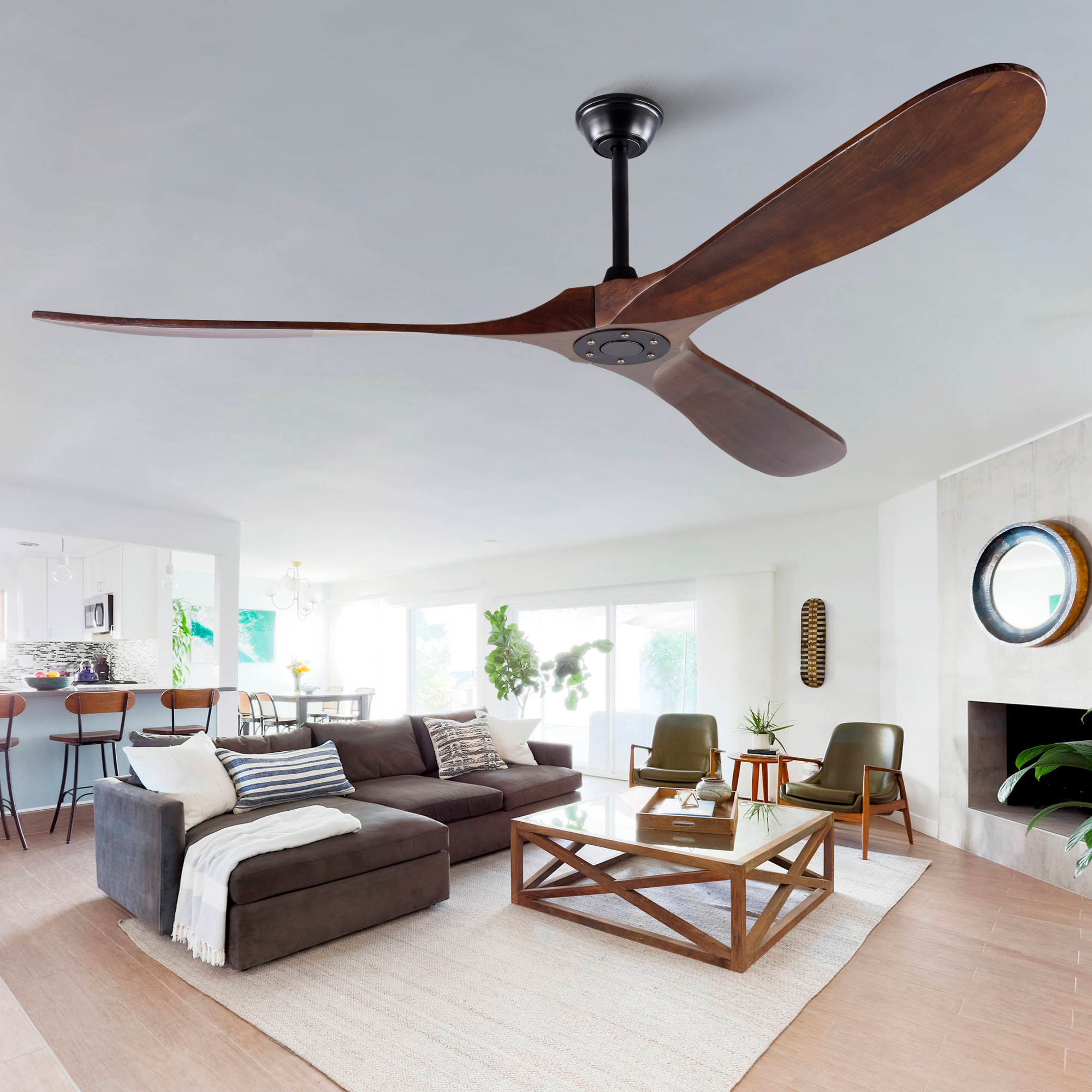 Deckenventilator 183cm Ohne Licht Leise Reversibel Mit Fernbedienung Metall Und Holz Mid-century Modern Dunkler Nussbaum Und Schwarz