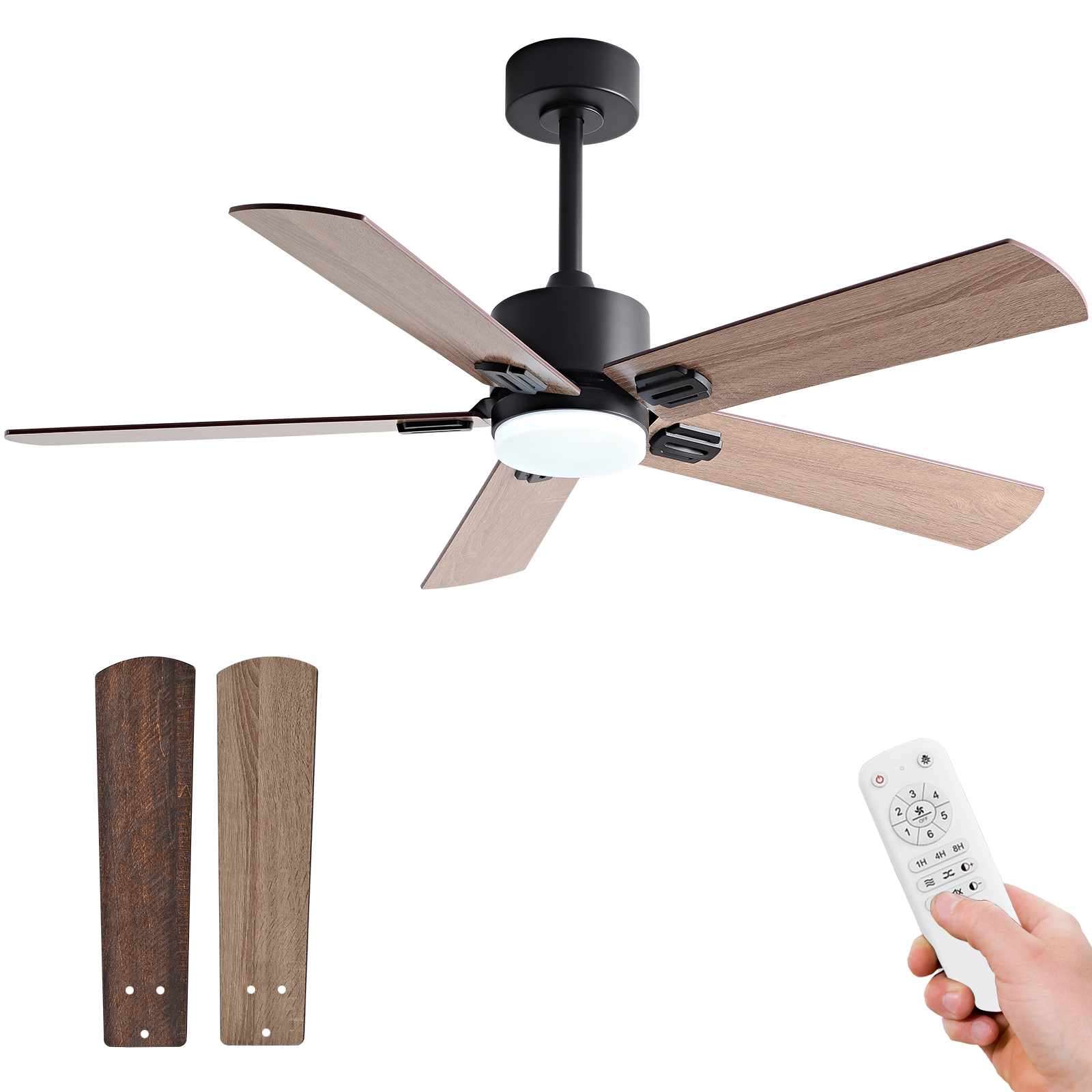 Deckenventilator Mit Beleuchtung 107 Cm, 6 Geschwindigkeiten, Fernbedienung, Metall Und Holz, Bauernhaus-stil, Schwarz Und Dunkler Nussbaum