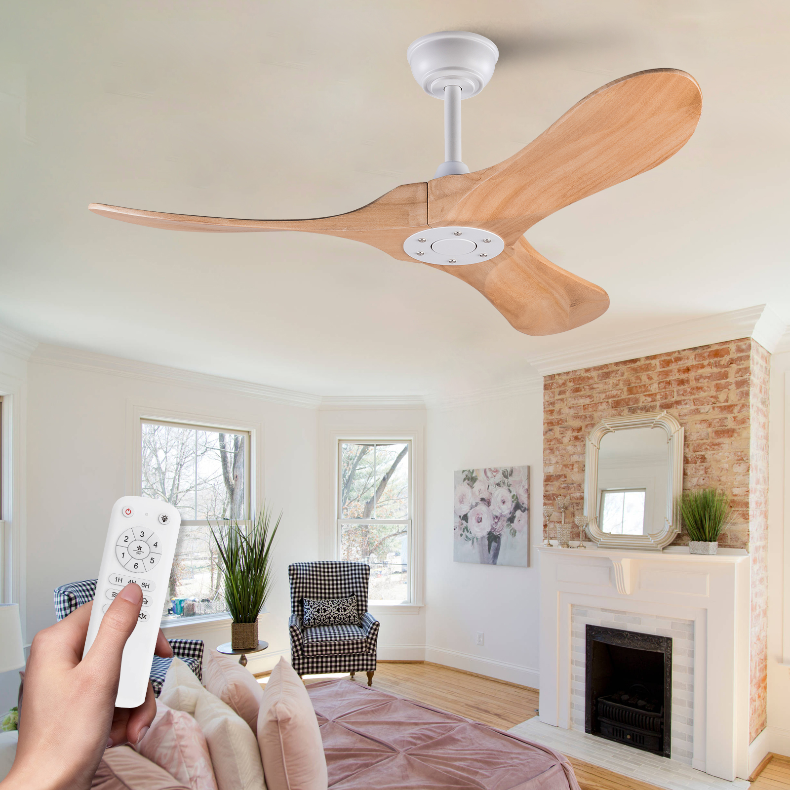 Deckenventilator 107 Cm Mit Fernbedienung Und 6 Geschwindigkeiten Metall Und Holz Modern Weiß Und Naturholz