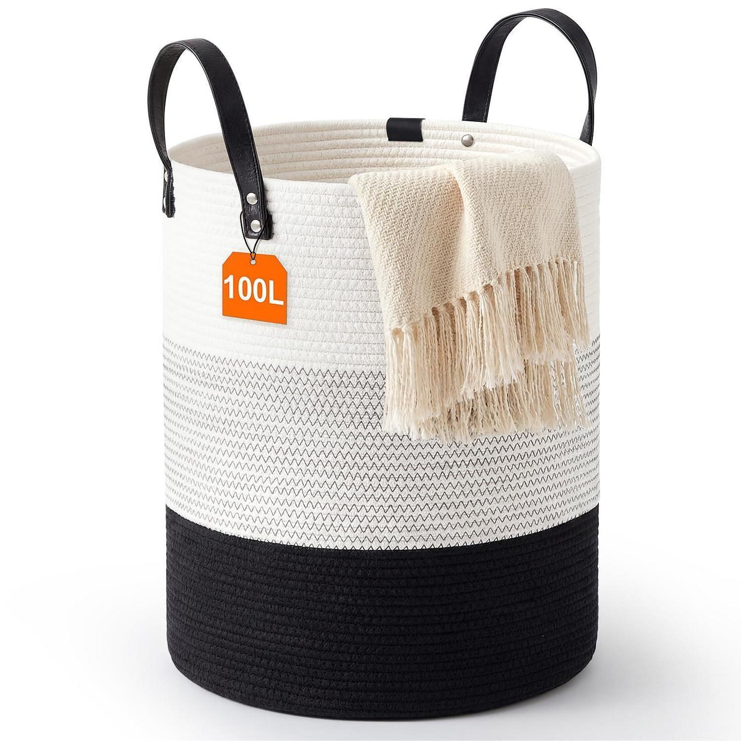 100l Wäschekorb Aus Baumwollschnur Mit Ledergriffen, Boho-design