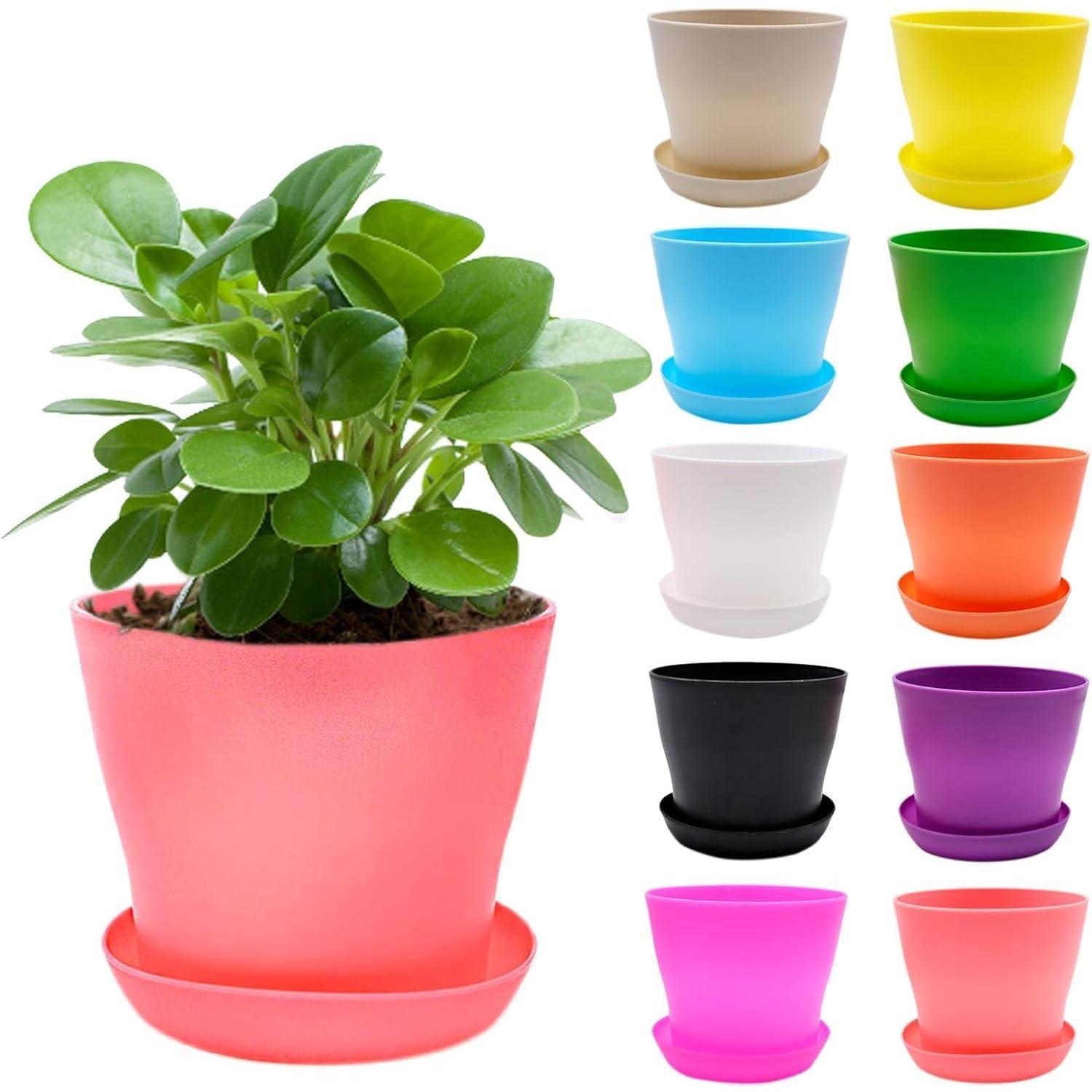 10er Set Blumentöpfe Mit Untersetzer, 10cm Mini Pflanztöpfe Kunststoff Bunt Für Innen & Außen