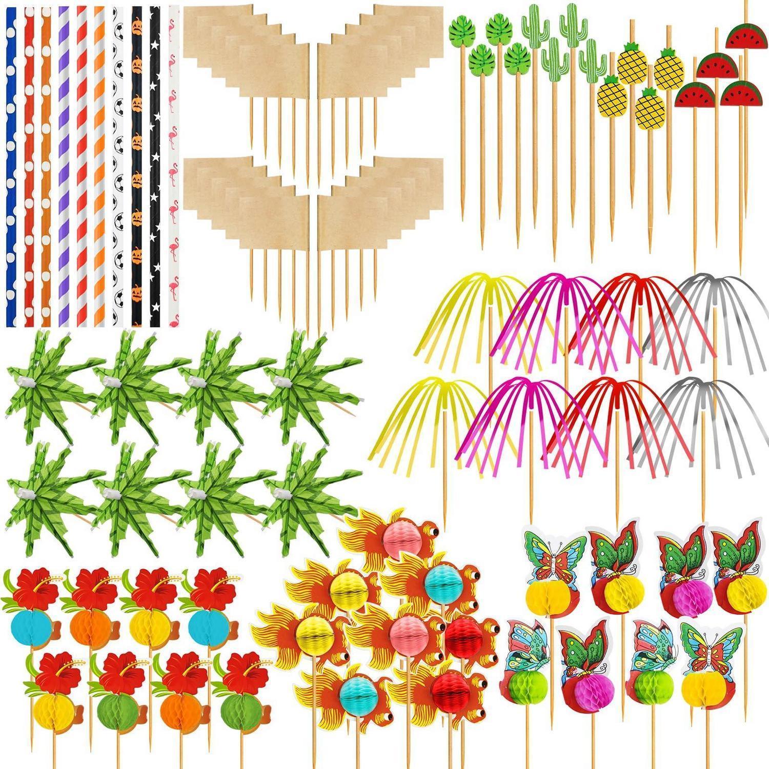 168tlg Cocktail Deko Set: Schirmchen, Feuerwerk Sticks, Rührer, Strohhalme Für Partys
