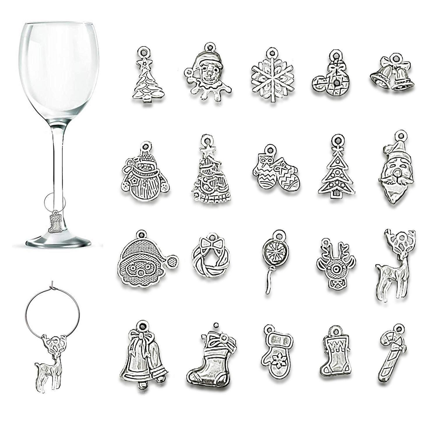 20x Weihnachts Weinglas Anhänger, Zinklegierung, Getränkemarkierer, Silber