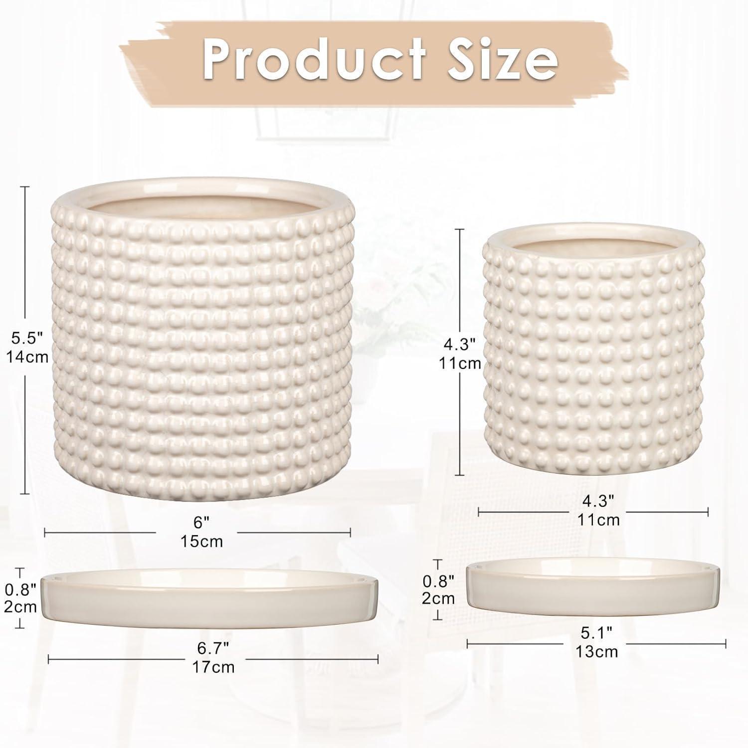 2er-set Keramik Blumentöpfe 15/11 Cm Mit Abflussloch, Perlendesign, Weiß