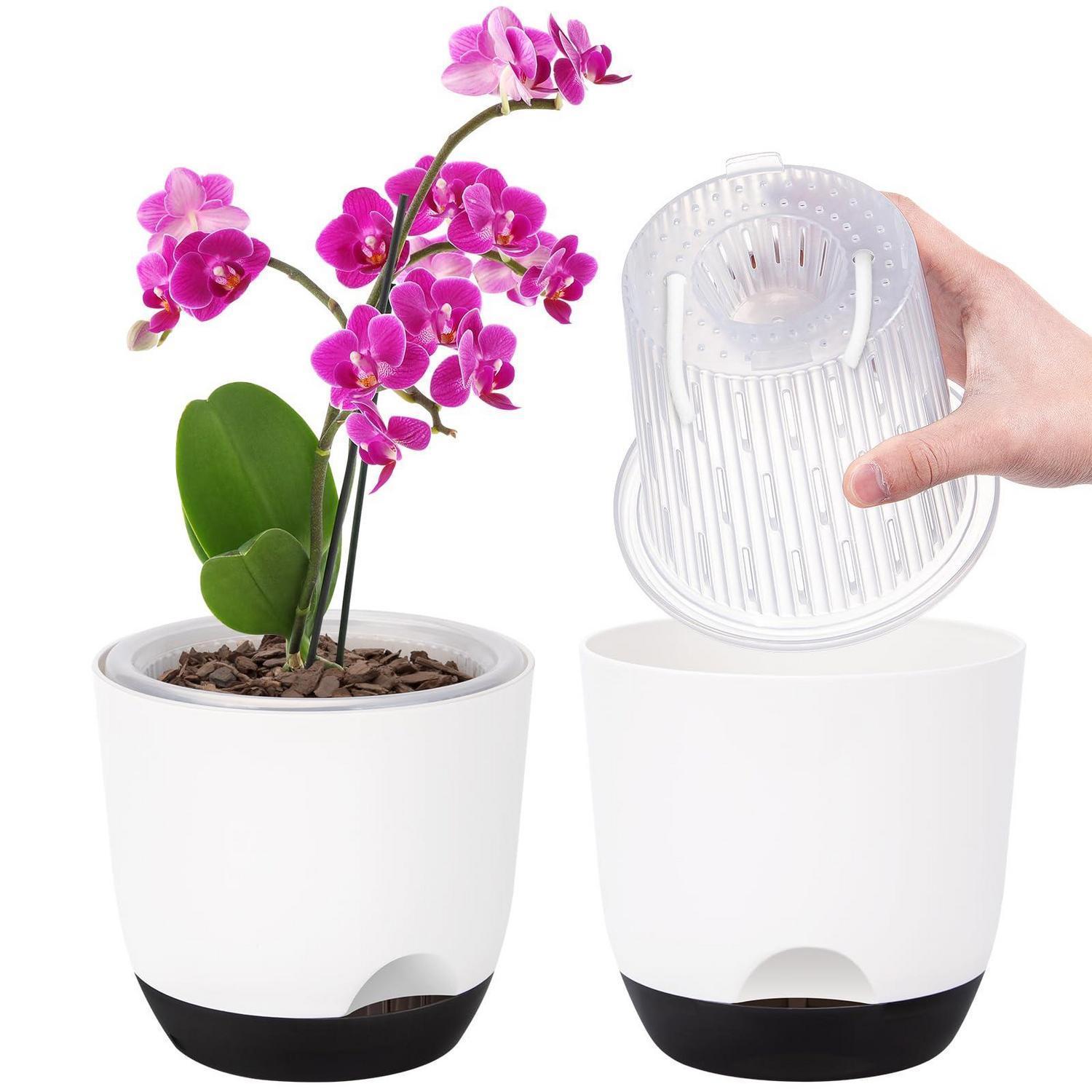2er-set Orchideentopf 14,7cm, Selbstbewässerung Mit Übertopf, Weiß