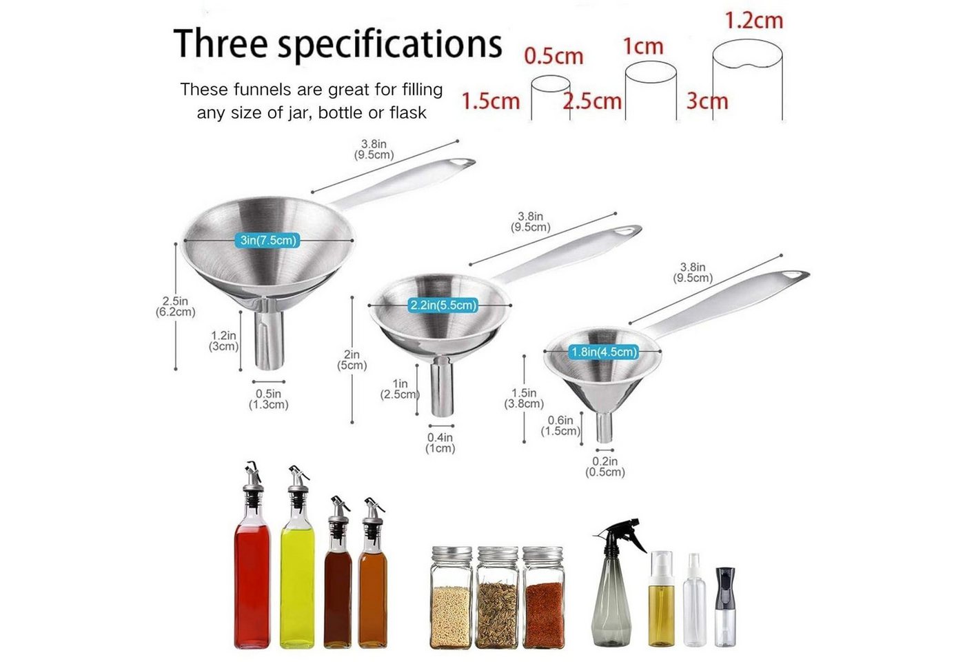 3er Set Edelstahl-küchentrichter Für Pulver & Flüssigkeiten, Rostfrei Bild 4