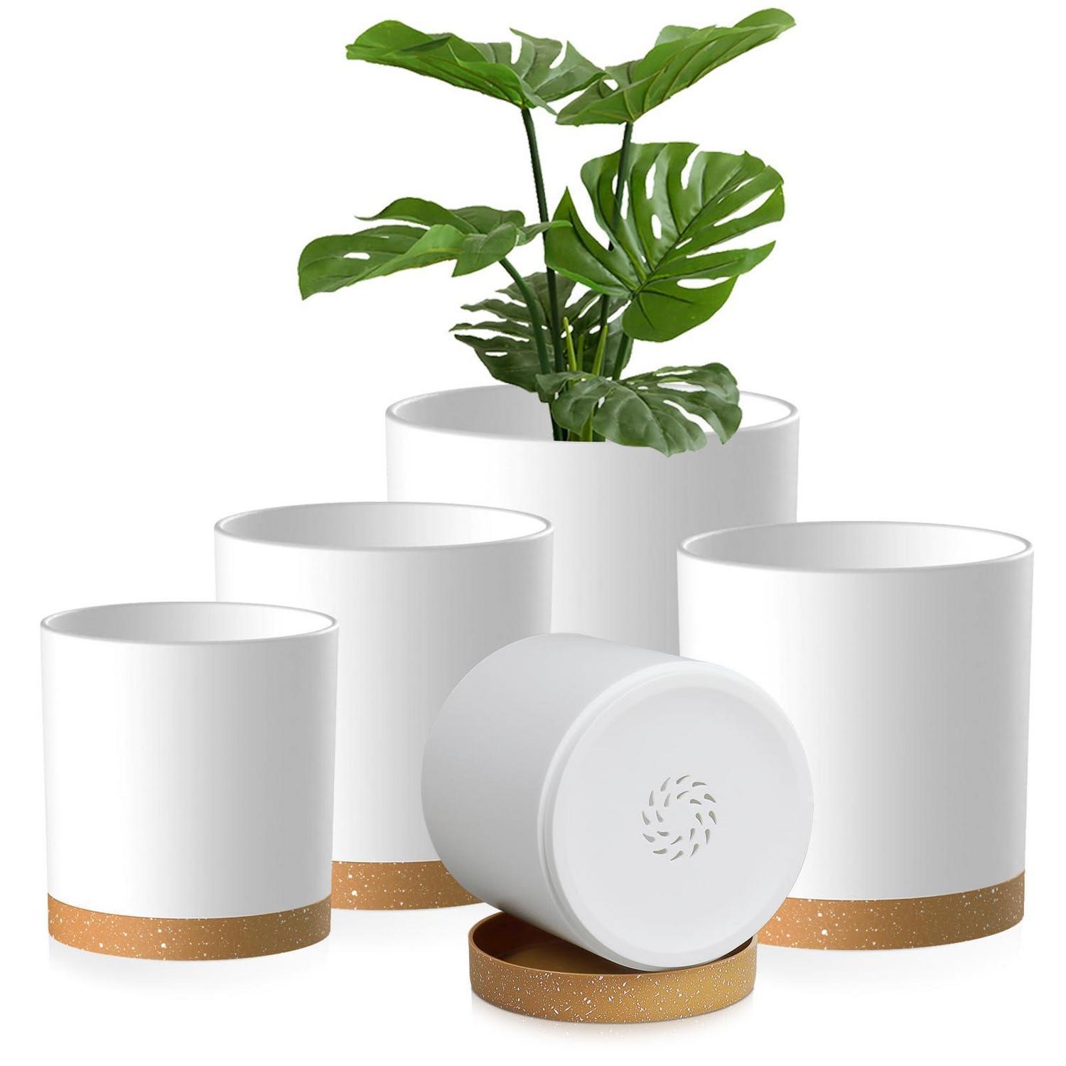 Blumentopf-set Mit Untersetzer, 5er-pack, 10-18cm, Kunststoff, Weiß/braun