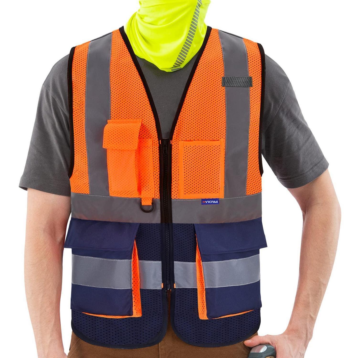 Warnweste Mit Reflektorstreifen, Reißverschluss Und Taschen, Orange & Marine, Größe S