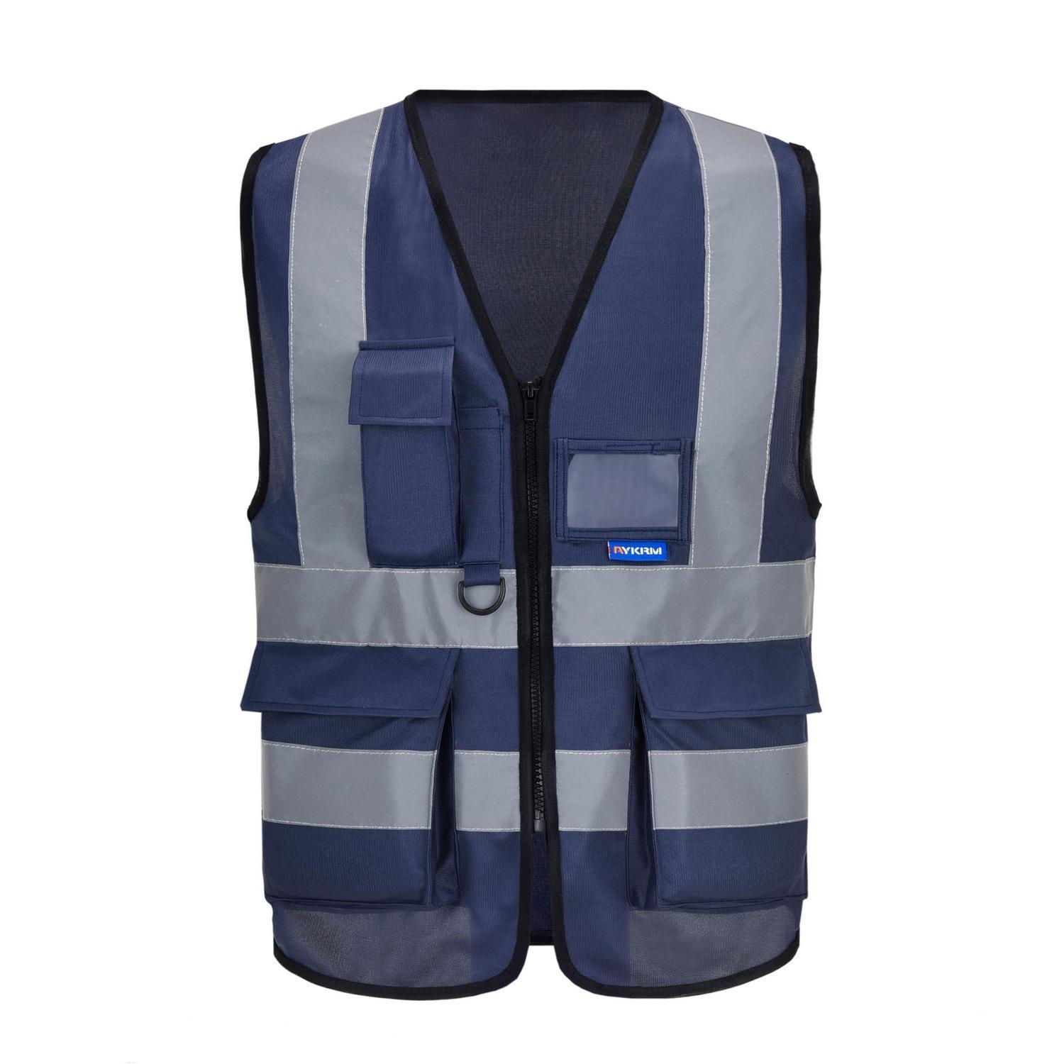 Warnweste Mit Reflektorstreifen, Reißverschluss Und Taschen, Marine, 4xl-5xl