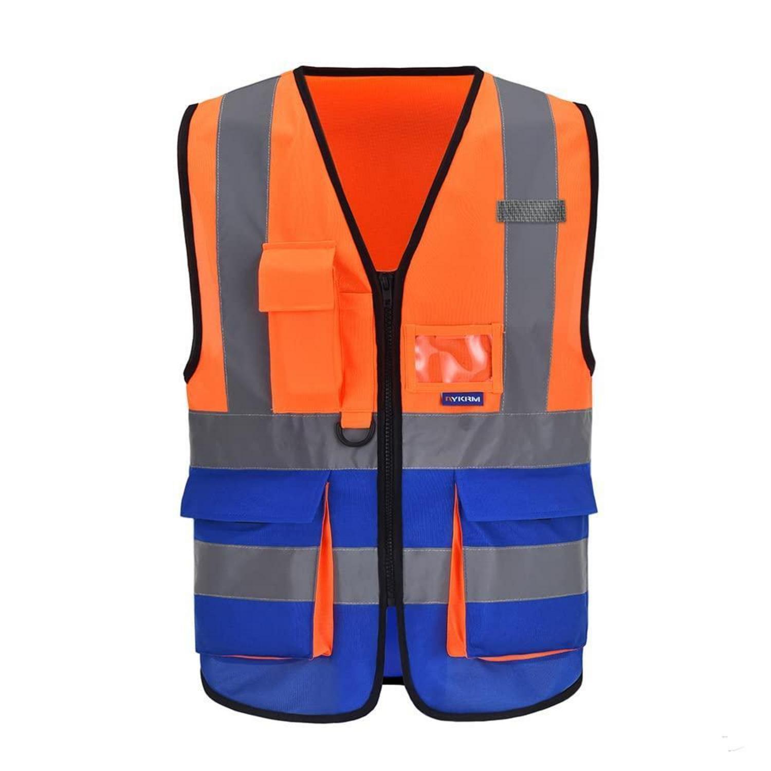 Warnweste Mit Reflektorstreifen, Reißverschluss Und Taschen, Orange&blau