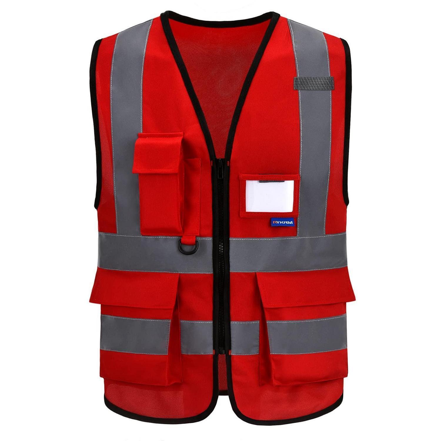 Warnweste Rot Mit Reflektorstreifen, Reißverschluss Und Taschen