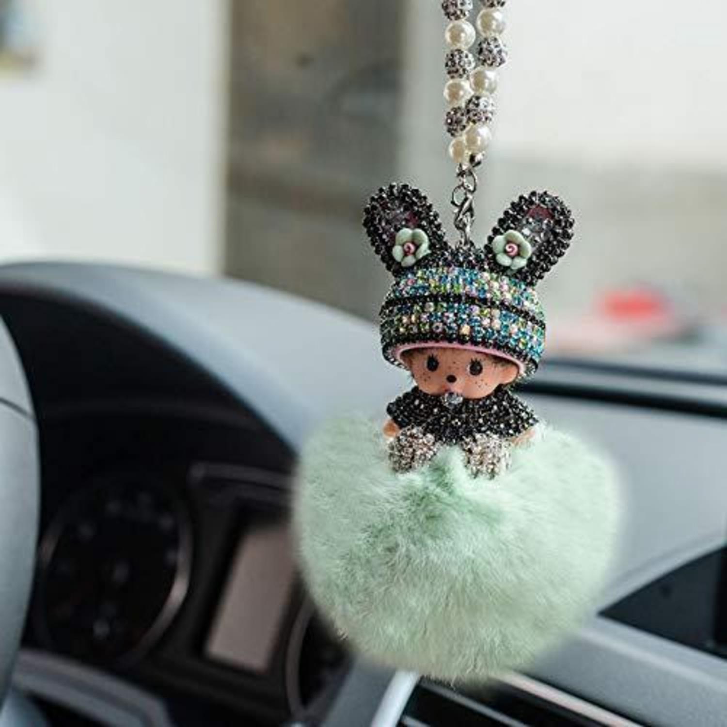 Auto Rückspiegel Anhänger Mit Strass Und Plüsch Ball, Blau