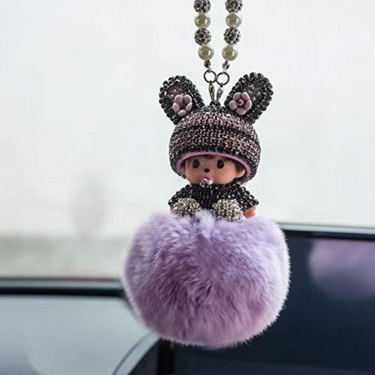 Auto Rückspiegel Anhänger Mit Strass Und Plüschball, Lila