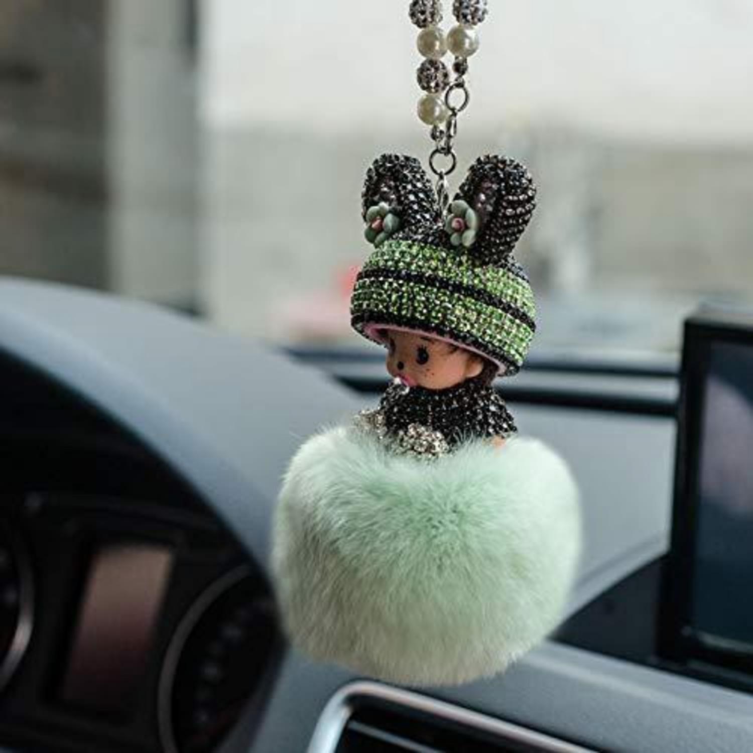 Auto Rückspiegel Anhänger Mit Plüschball Und Strass, Dekoration Grün