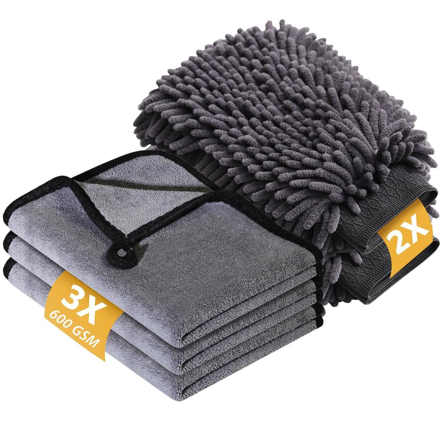 Autopflege Set: 3x Mikrofasertücher 600 Gsm & 2x Waschhandschuhe