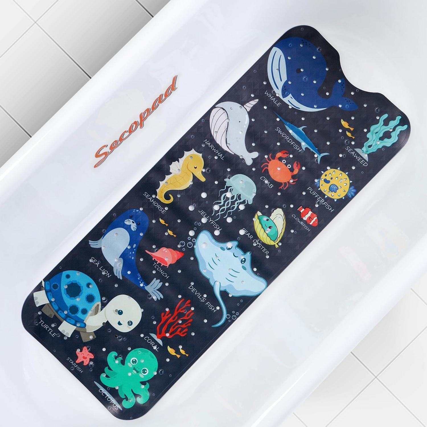 Badewannenmatte Kinder Rutschfest 100x40cm Mit Saugnäpfen, Cartoon Meeresmotive, Bpa-frei, Maschinenwaschbar
