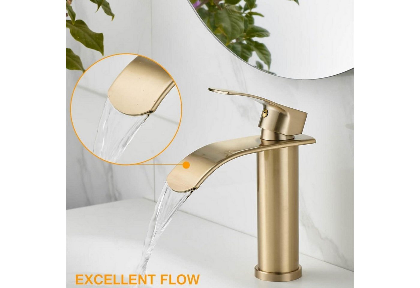 Einhebel Waschtischarmatur Wasserfall Gebürstetes Gold G3/8" Kalt-warmwasseranschluss Bild 3