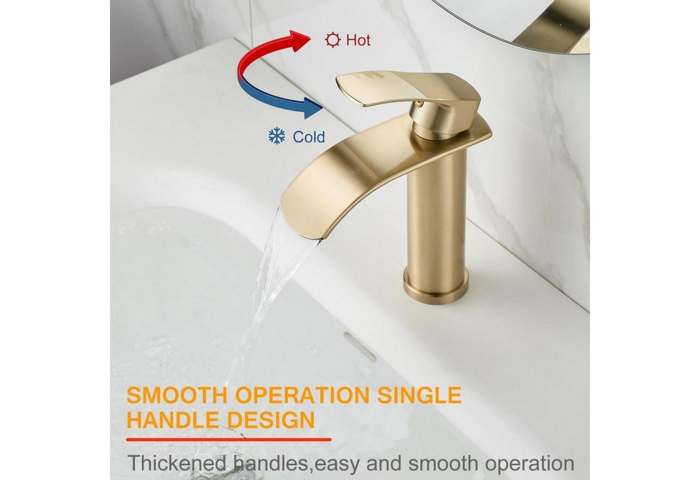Einhebel Waschtischarmatur Wasserfall Gebürstetes Gold G3/8" Kalt-warmwasseranschluss Bild 4