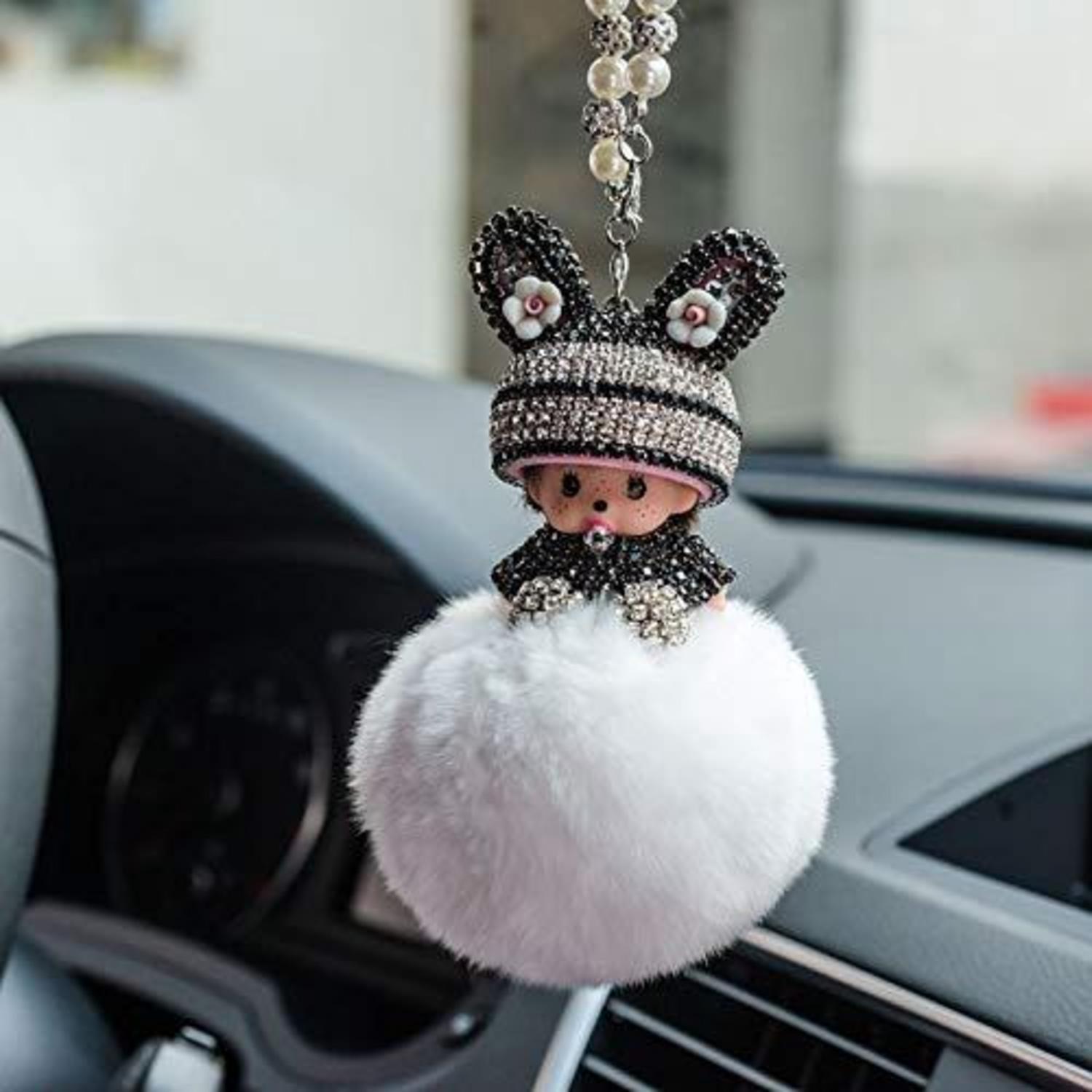 Auto Rückspiegel Anhänger Mit Strass Und Plüschball, Weiß