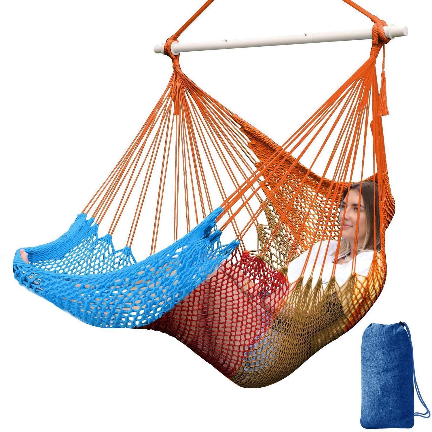 Hängesessel Baumwollnetz Mit Spreizstange, Für Innen & Außen, 240x80cm, Orange/braun/rot/blau