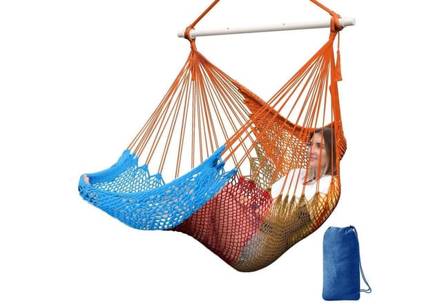 Hängesessel Baumwollnetz Mit Spreizstange, Für Innen & Außen, 240x80cm, Orange/braun/rot/blau