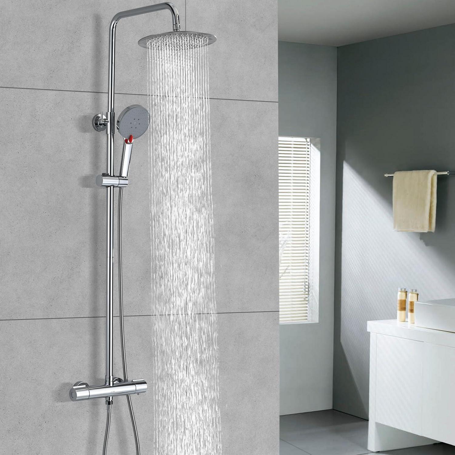 Duschsystem Mit Thermostat, 25cm Regendusche, 3 Strahlarten Handbrause, Höhenverstellbar