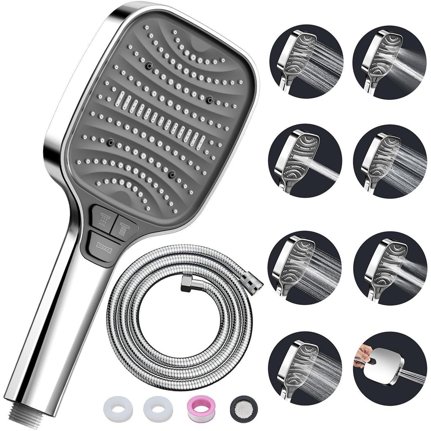 Duschkopf Mit Schlauch, 8 Strahlarten, Stoppfunktion, Wassersparend, Silber