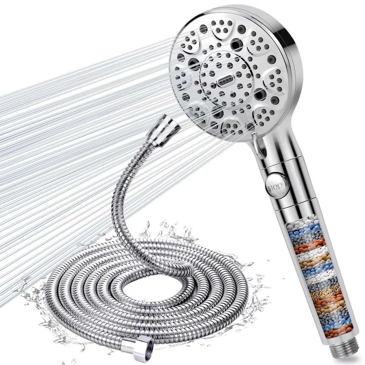 Duschkopf Mit Schlauch 2m, 15-schicht-filter, 9 Strahlarten, Wassersparend, Stoppfunktion, Chrom