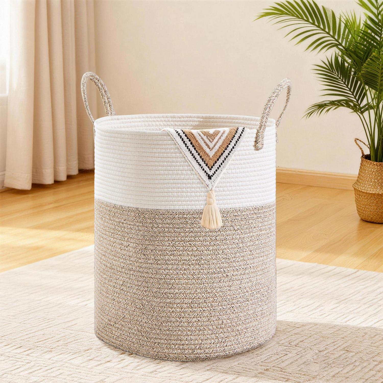 Geflochtener Wäschekorb 53l Mit Baumwollhenkel, Boho-stil, Braun & Weiß