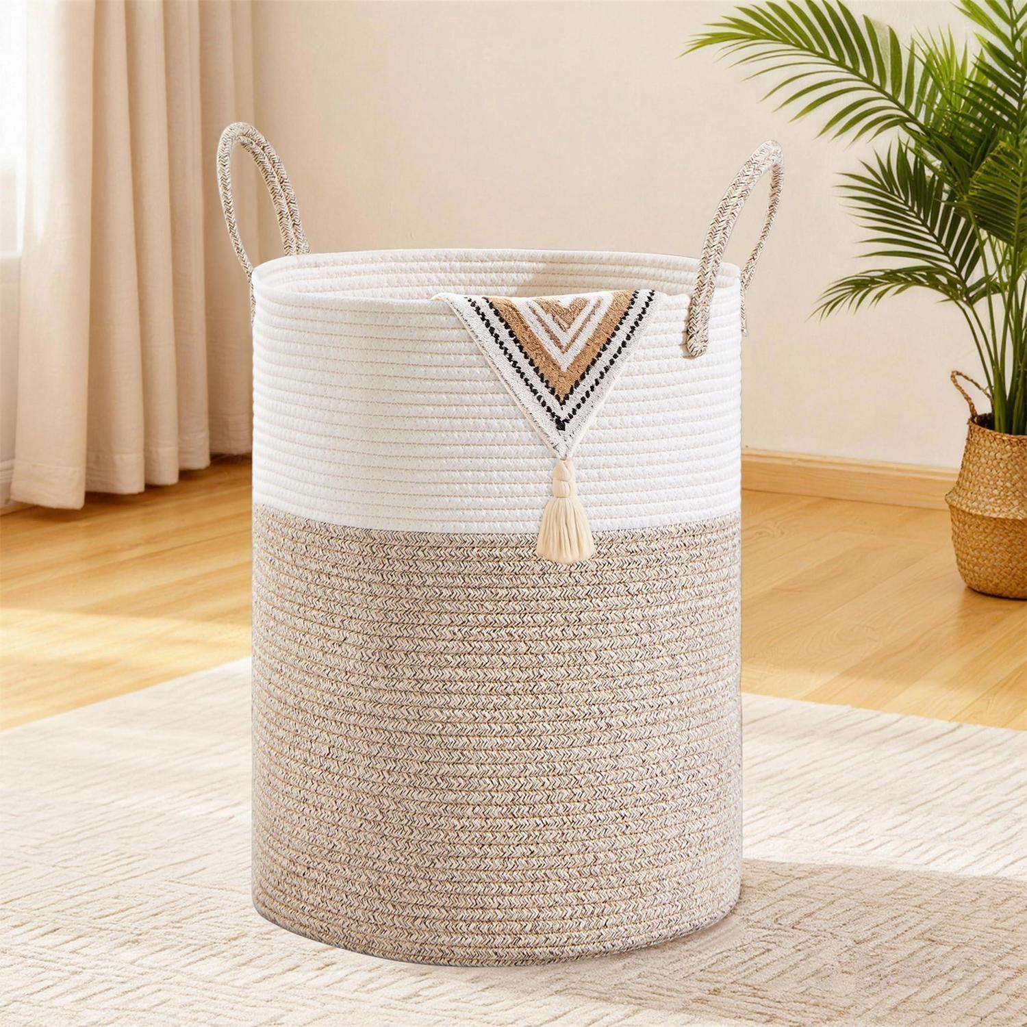 Wäschekorb 58l Geflochten Mit Baumwollhenkel, Boho Stil, Braun & Weiß