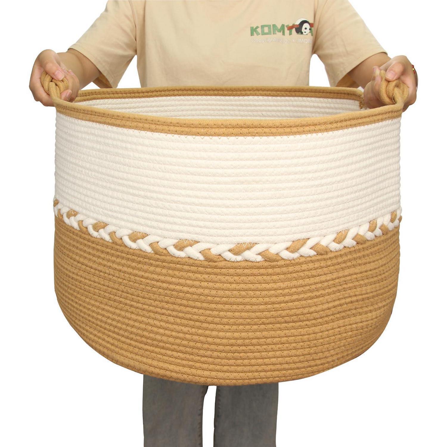 Großer Wäschekorb Xxl Aus Baumwolle, Geflochten, Faltbar, Waschbar, 65l, Gelb&weiß