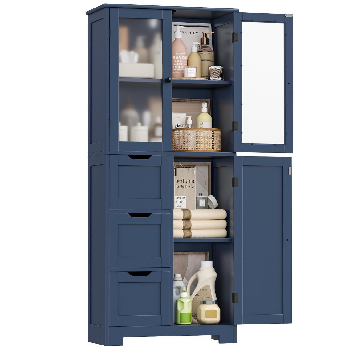Badezimmerschrank Hoch Mit 3 Türen & 3 Schubladen, Dunkelblau