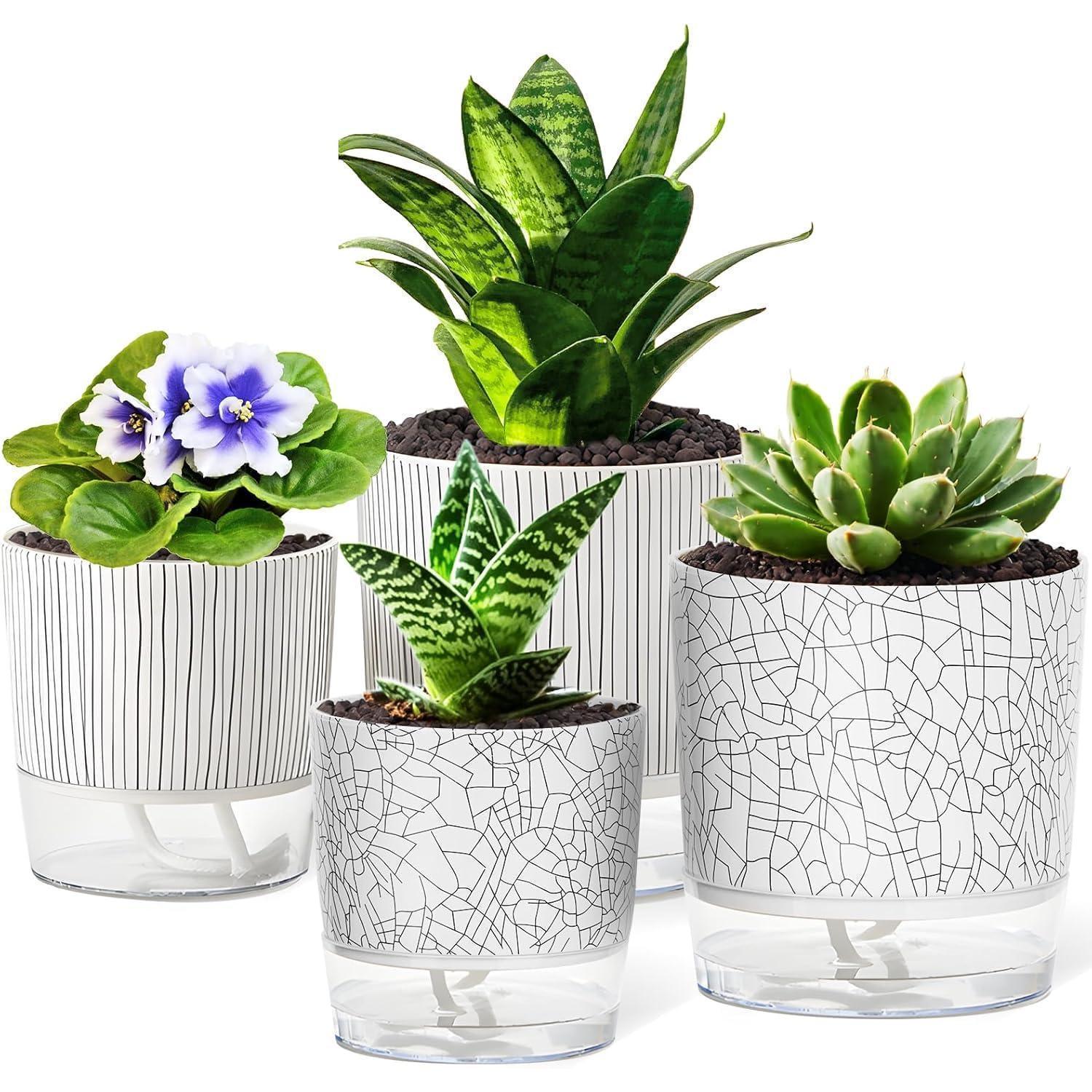 4er Set Selbstbewässernde Blumentöpfe Mit Bewässerungssystem, 11/14cm, Marmor-optik